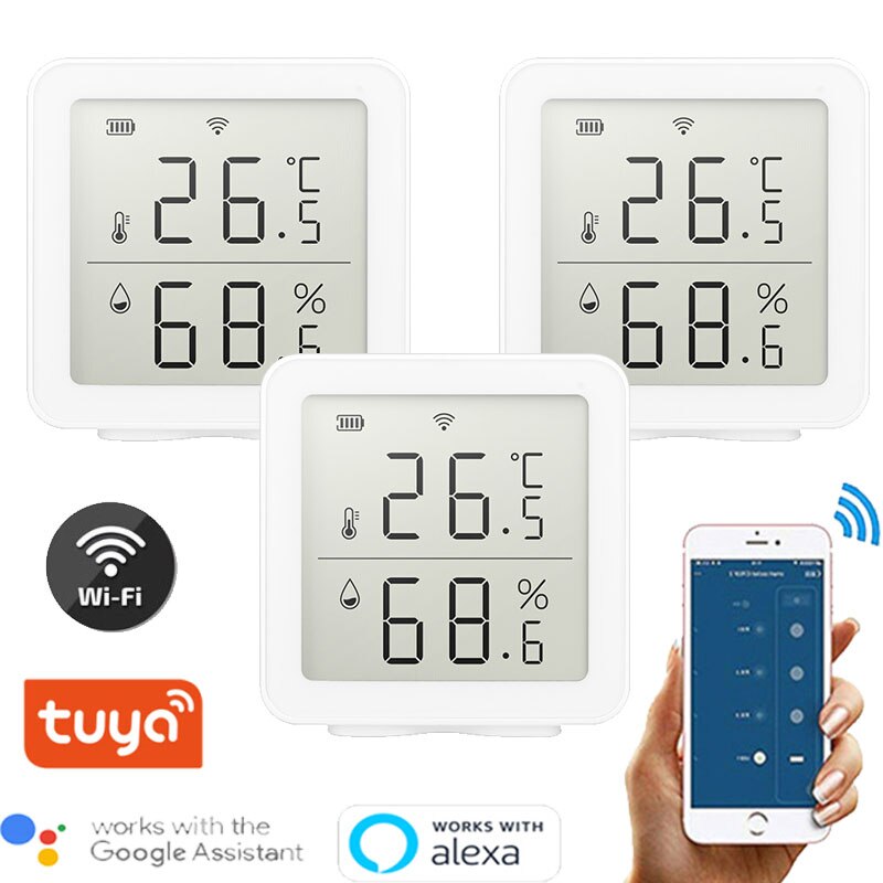 Tuya wifi termometer digital lcd display sensor smart temperatur luftfugtighed hygrometer digital app kontrol alexa smart home: 3 stykker
