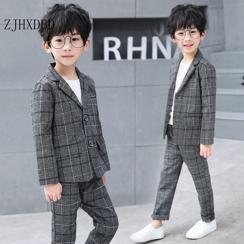 2 Stuks Herfst Kids Blazers Baby Boy Pak Plaid School Suits Peuter Jongens Formele Bruidskleding Katoen Kinderen Kleding Sets 4-16Y