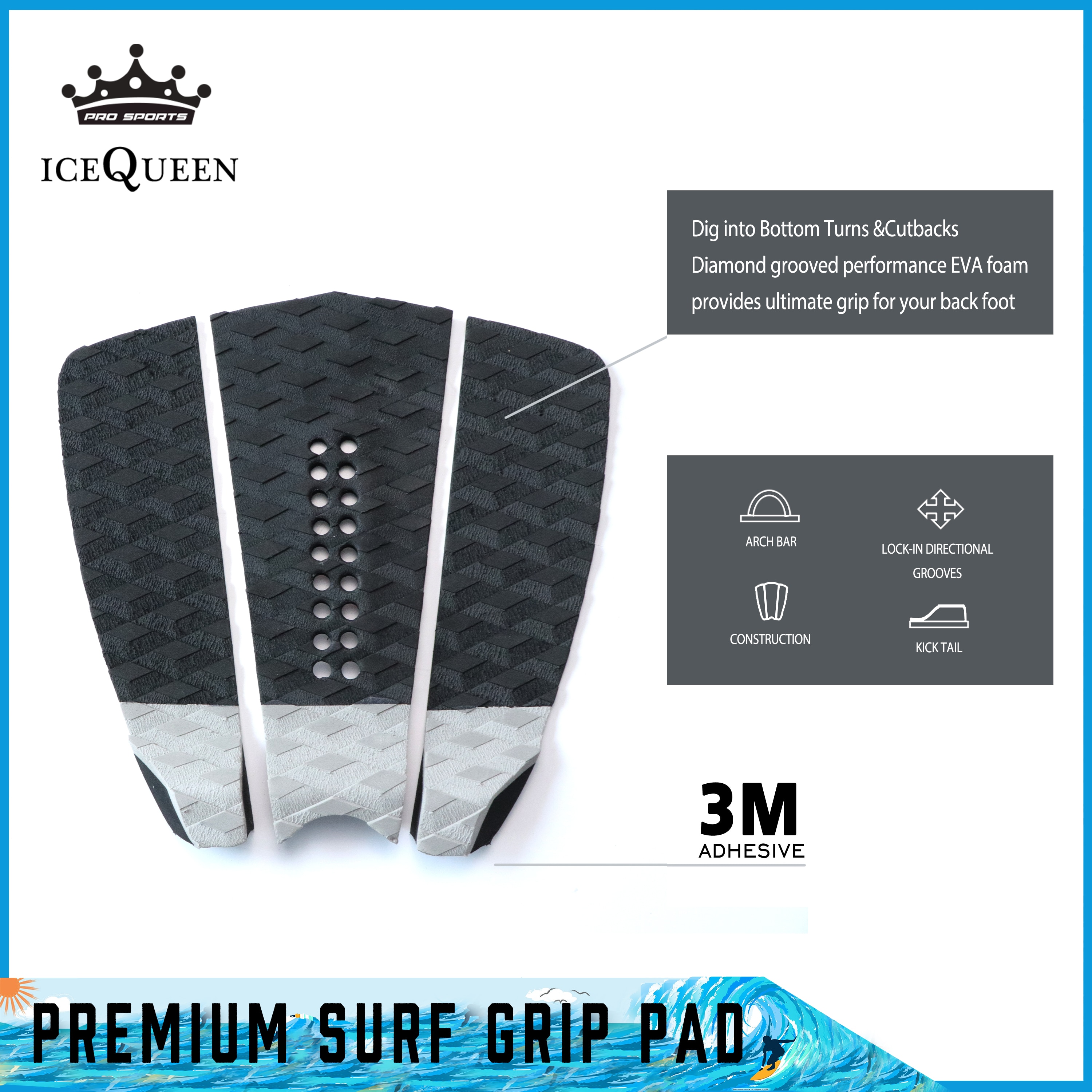 ! Traction Pad - 3 Piece/2 Piece Stomp Pad for Surfing and Skimboard with the Stickiest 3M Adhesive Grips All Boards