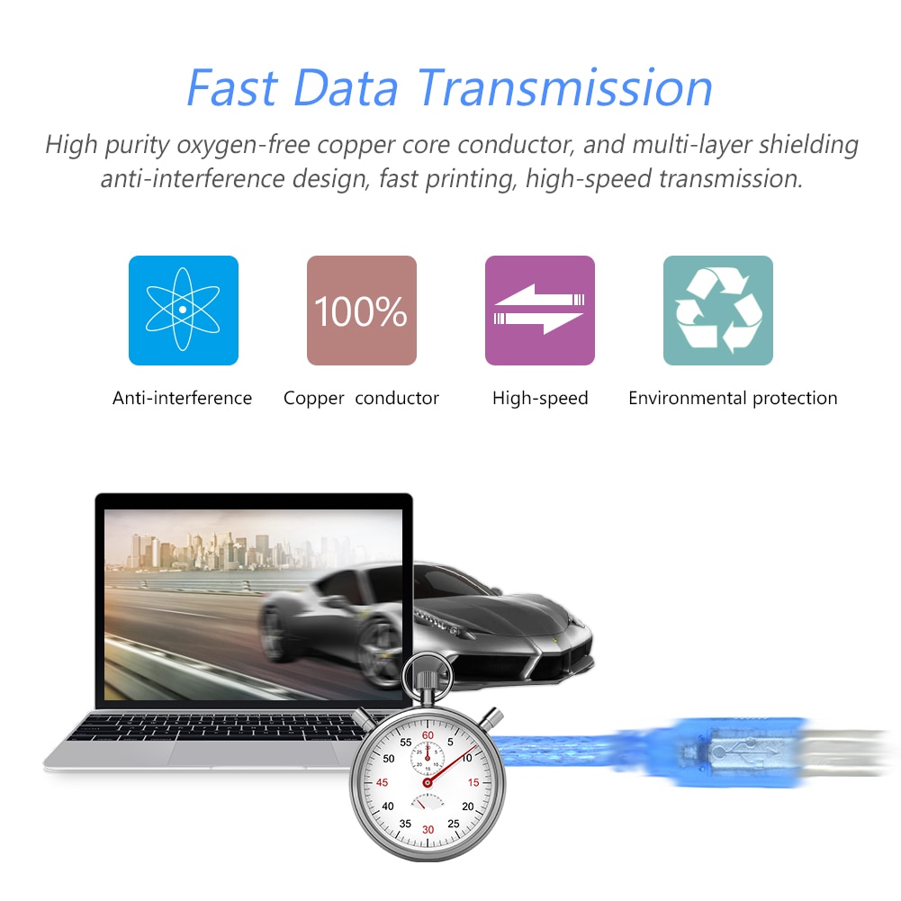 1 m/1,8 m/3 m/5 m de alta velocidad negro/transparente 480Mpbs USB 2,0 Cable de datos de impresora Cable de escáner para Xerox Canon HP Brother Arduino