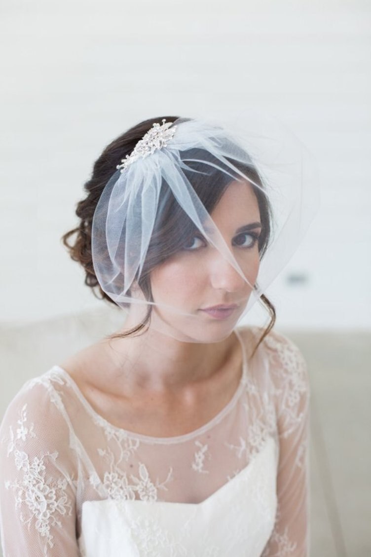 Ivory Birdcage Veil, Crystal comb cage Veil, Wedding Veil, Rhinestone Comb, Blusher Veil