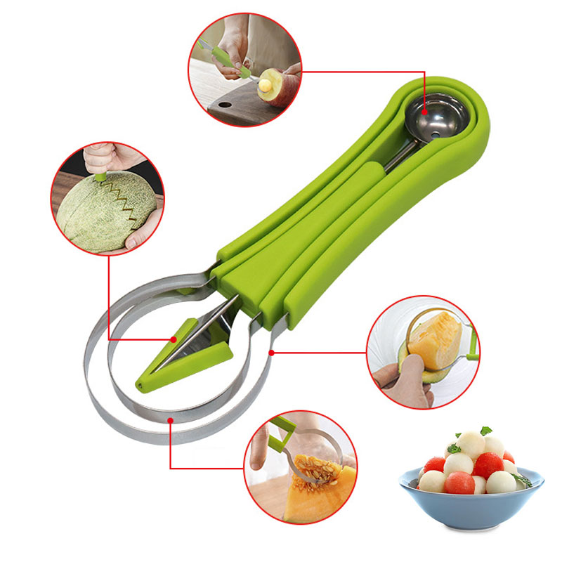 Three-In-One Fruit Cutter Stainless Steel Multi-Purpose Fruit Baller Watermelon Spoon Flesh-Digging Tools Kitchen Accessories