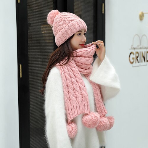Dames winter muts sjaal set wol gebreide muts vrouwelijke bont pompon mutsen voor vrouwen dames kap dikke warme skimuts kraag: Roze