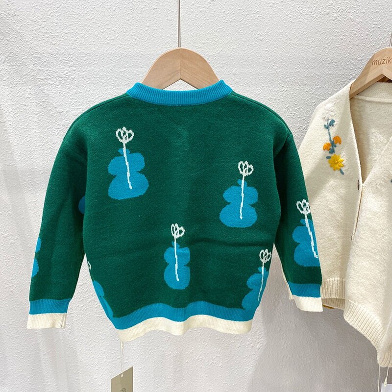 Suéter de estilo coreano para niños y niñas, cárdigan de punto de manga larga con dibujos animados, ropa de chico E2176, color verde, , Otoño,