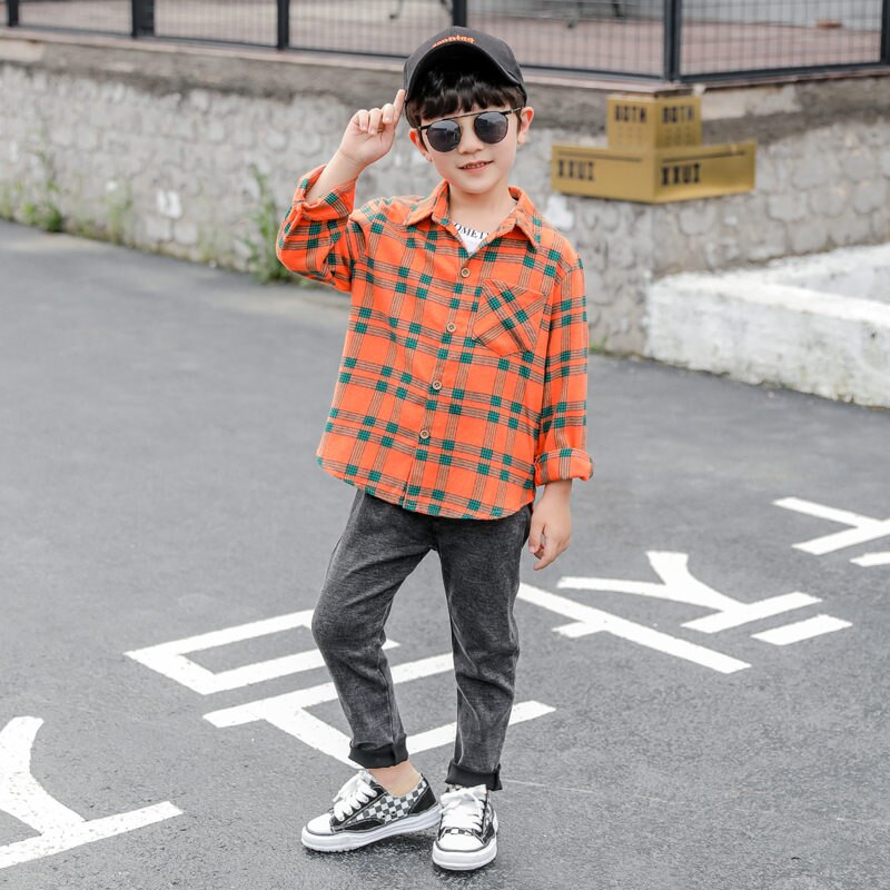 Camisa a cuadros para niños, coreana, camisas de algodón de manga larga para adolescentes, 3, 4, 5, 6, 7, 8, 9, 10, 11, 12, 13, 14: Naranja / 9