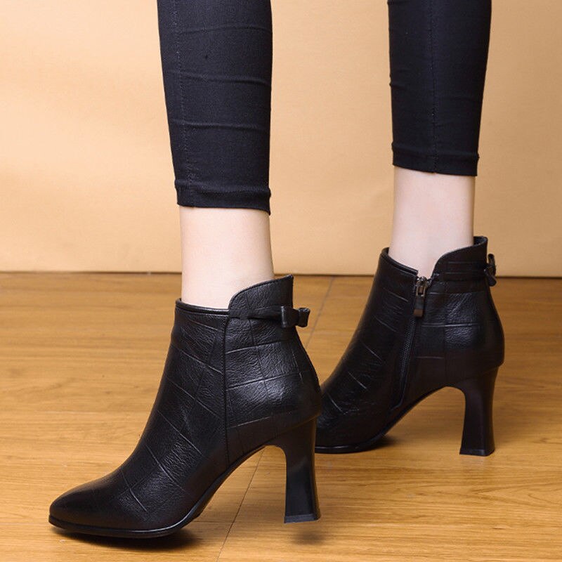 Hoge Hakken Korte Laarzen, Vrouwen Zachte Pu Winter Pluche Schoenen, Spitse Neus, Vierkante Hak, side Zip, Vrouwelijke Schoeisel Zwart,