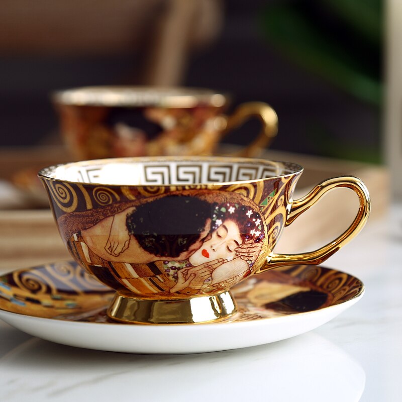 Ensemble de tasses à café Gustav Klimt, service à thé en céramique chinoise, Klimt Kiss, de luxe, service à boissons en porcelaine, tasse à thé et soucoupe: Kiss