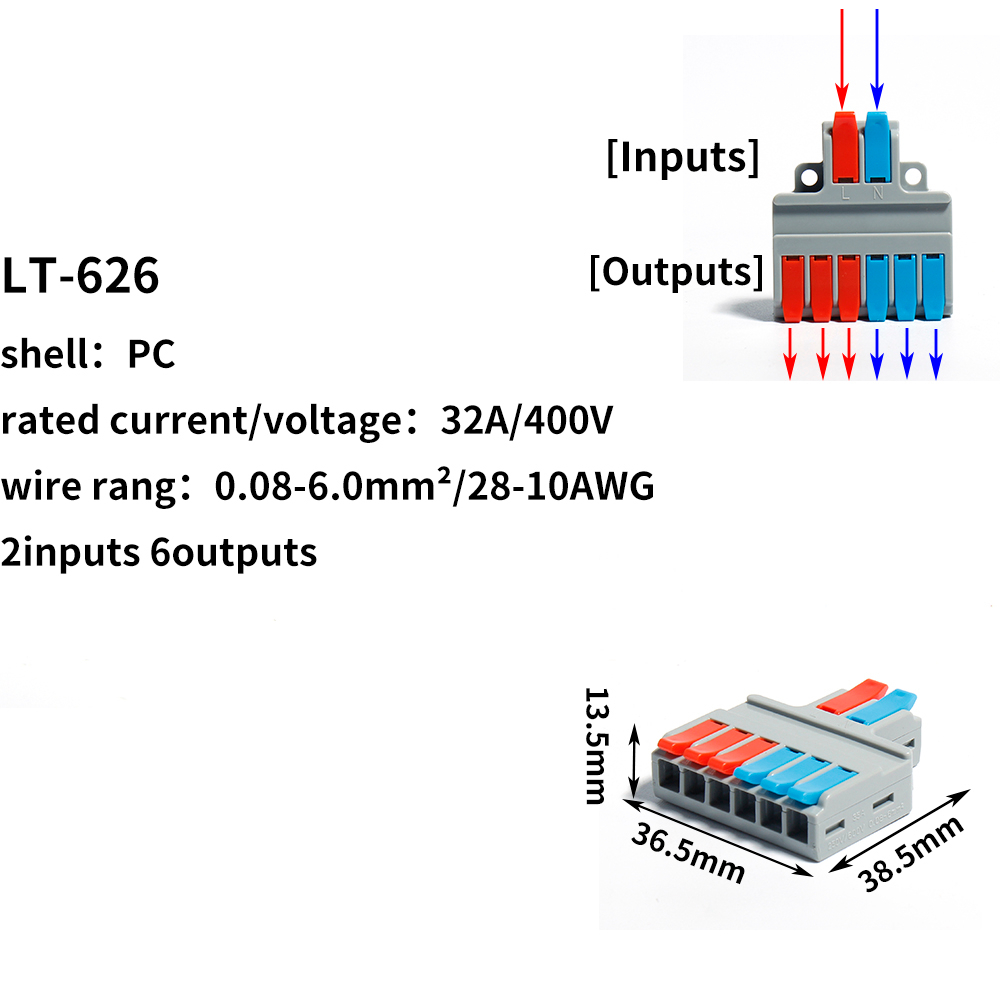 5/10 st parti minitrådskontakt universal push-in ledare plint snabb ledning elektrisk kabel led lampa push connect: Lt -626 / 20 st