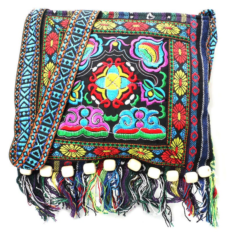 Kvinder hmong vintage etnisk skuldertaske broderi boho hippie kvast tote messenger kinesisk etnisk stil farverig taske rejse: 2