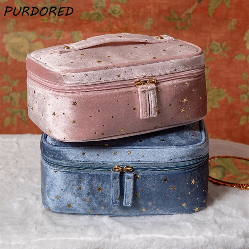 PURDORED 1 Pc Vintage Shining Star Cosmetic Bag Women Zipper Velvet Large Makeup Bag Female Travel Make Up Storage Beauty Case