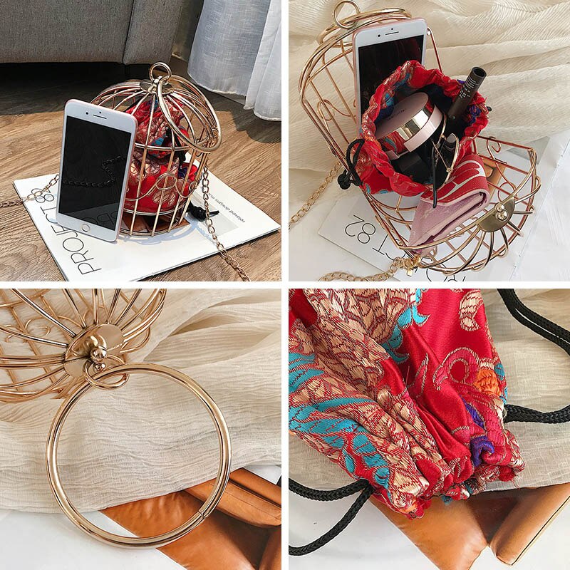 Delle donne Birdcage Da Sera Pochette In Metallo Telaio da Ricamo Secchio Gabbia di Uccello Mini del partito Della Borsa Catena dell'oro Della Borsa FTB172