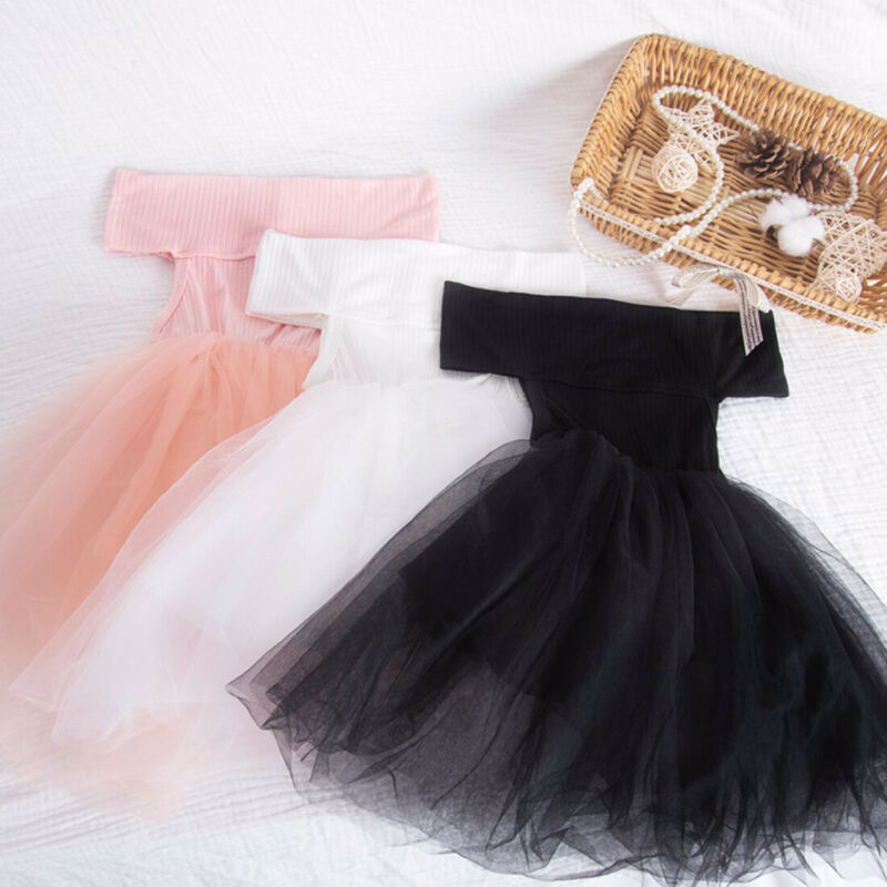 Prinsessekjolekonkurrence nyfødt baby børn pige off shoulder tutu mesh kjole fest bryllup kjole sort hvid pink