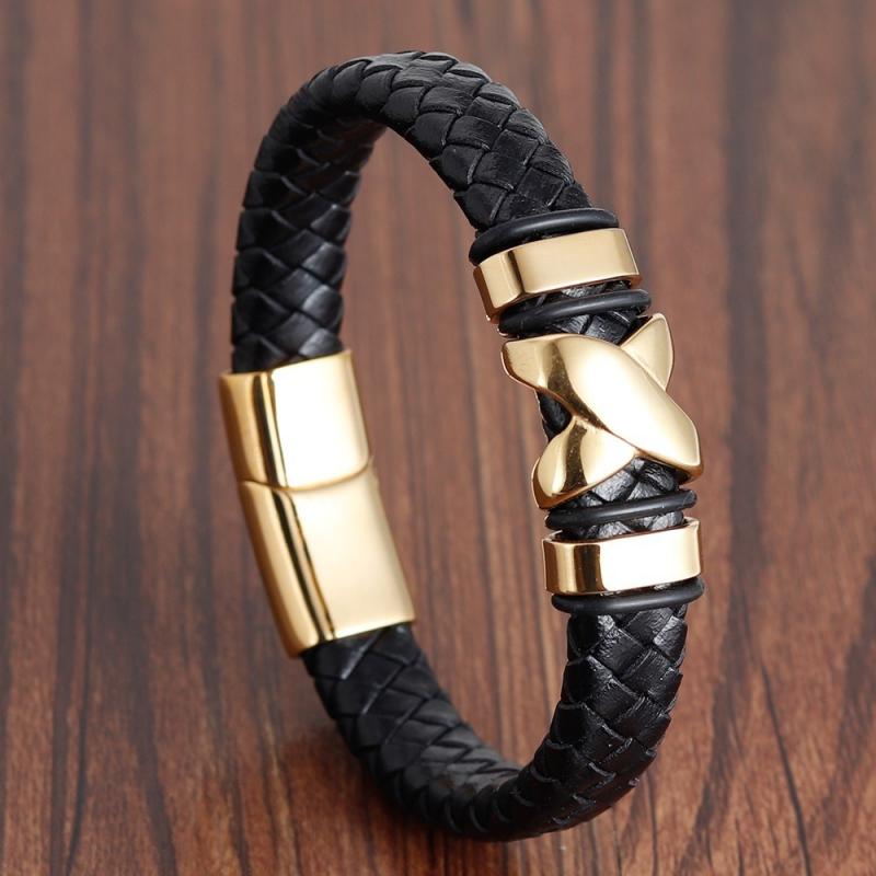 Classic Eenvoudige Zwarte Geweven Lederen Wrap Armband Voor Mannen Rvs Magnetische Sluiting Sluiting Casual Sieraden