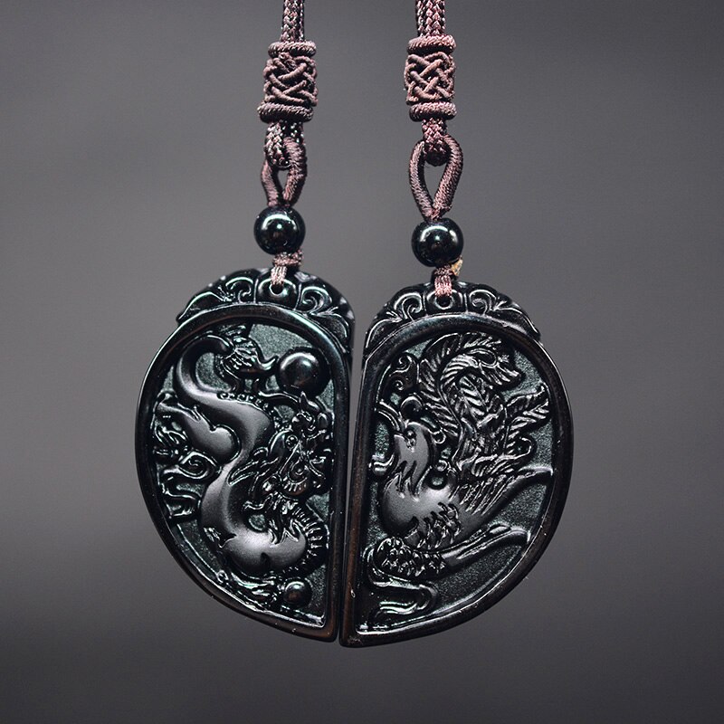 1 Set Obsidian Carving Drachen und Phoenix Halskette Anhänger YIN YANG Anhänger Halskette Obsidian Glück Anhänger