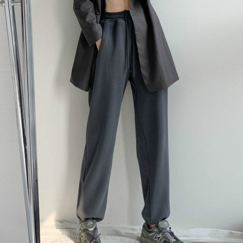 Casual Hosen Frauen 5 Farben Koreanischen Stil Weiblichen Feste Studenten Frühjahr Kordelzug Lose Mujer Hipster Gerade Hosen Täglichen Kpop: dark gray / M