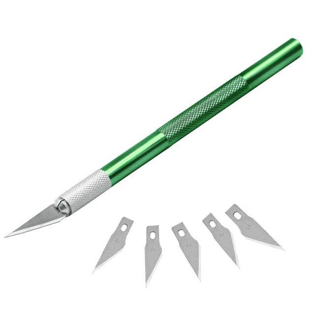 6pc/ sæt læder skære kniv pen kniv aluminium stang udskæring værktøj graver cutter håndværk læder skåret metal håndtag udskifteligt blad: Grøn med 5 knive