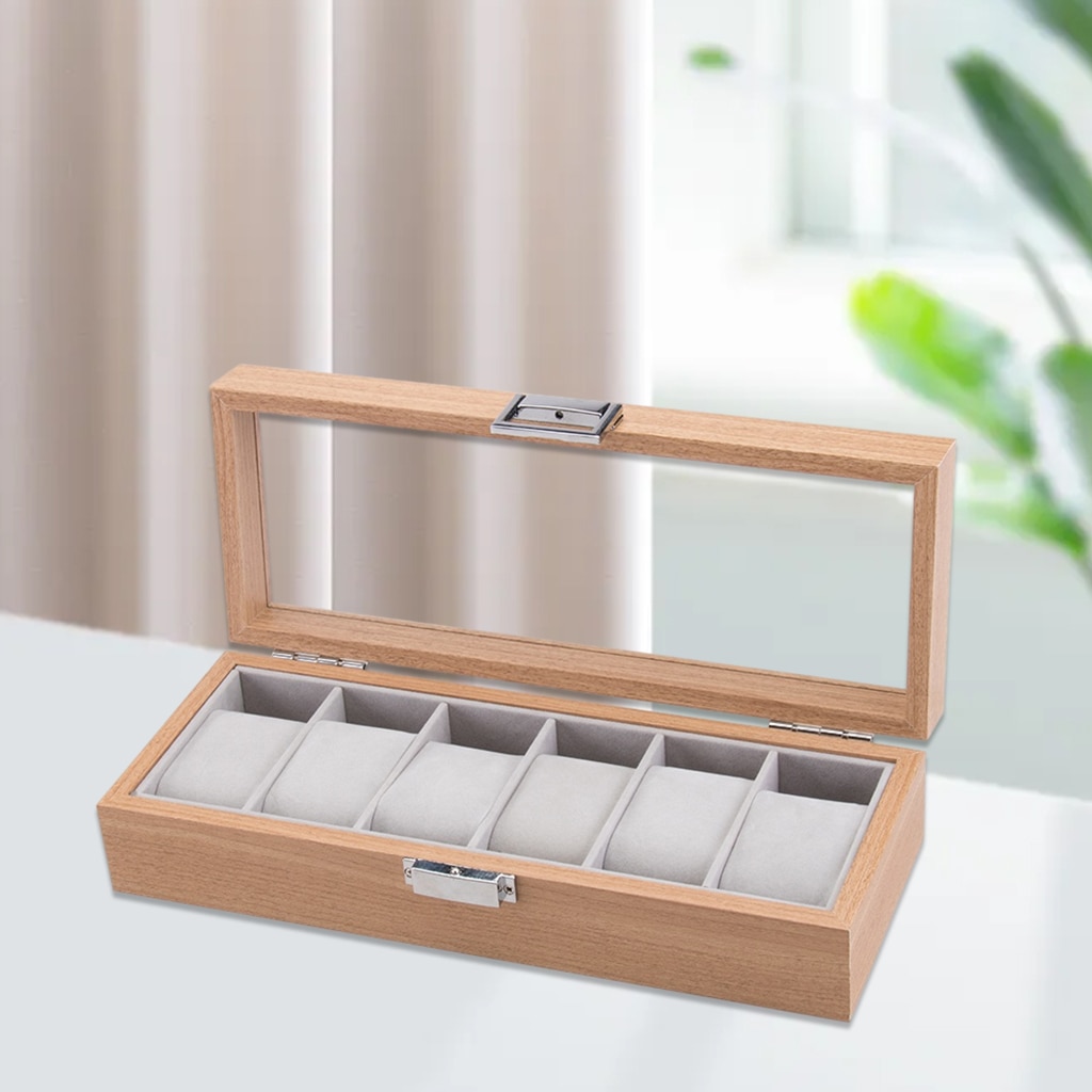 Wood Wrist Watch Display Case Box w/Clear Top Jewelry Storage Organizer, 6 Slot dividers keeps everything neat and organized