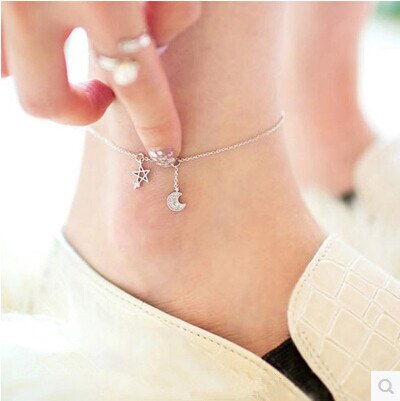 Neue glänzende mond & sterne kristall 925 Sterling silber damen fußkettchen schmuck Weihnachten förderung kein verblassen füße
