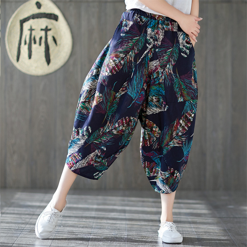 Pantalones de lino y algodón con estampado Floral para mujer, pantalón holgado de pierna ancha, estilo harén Retro nacional