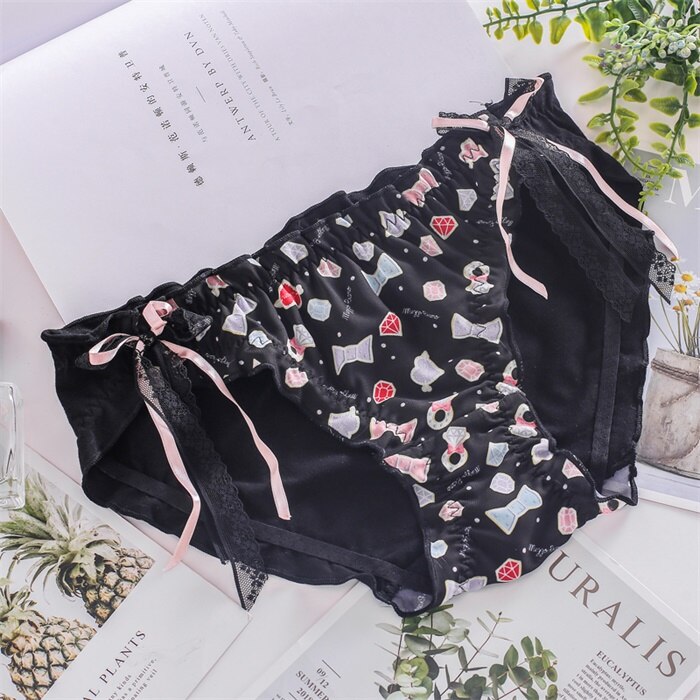 Japanese Lolita Women Sweet Panties candy Print Cute Bowknot Lace Breathable Underwear romantic Teen Girls Kawaii 3 Color Briefs: Black / L