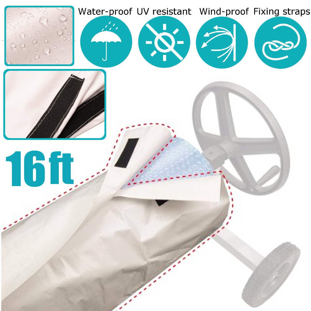 4.9m Swimming Pool Cover Outdoor Dustproof Waterproof UV Protective Pool Solar Roller Reel Cover Solar Blanket Swimming Tool