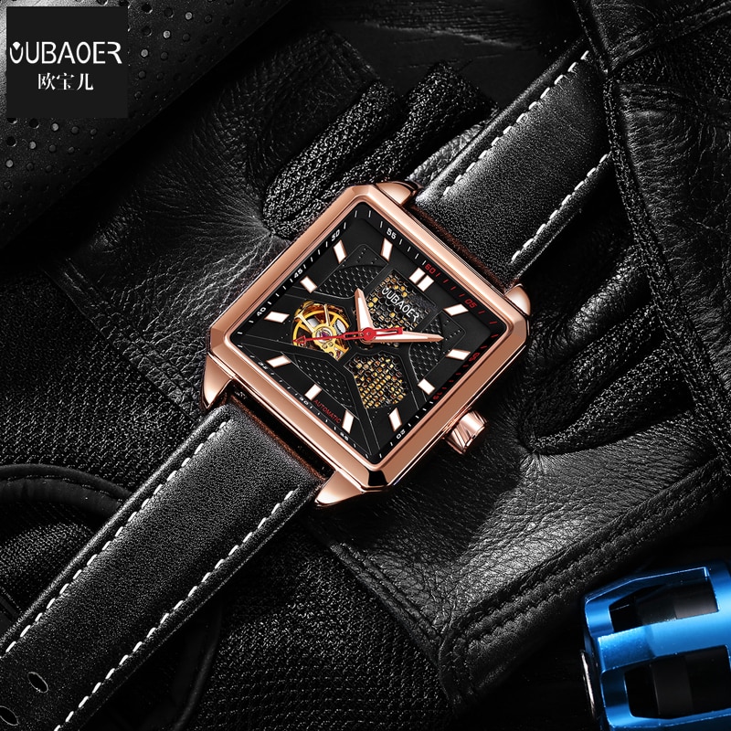 OUBAOER hommes montres mécaniques automatique auto-vent Sport cuir hommes montre-bracelet carré squelette homme mâle heure chaude