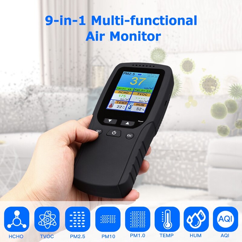 9 In 1 Air Monitor Indoor Outdoor PM2.5, PM1.0, PM10, HCHO, Detector Tester Temperature And Humidity Sensor