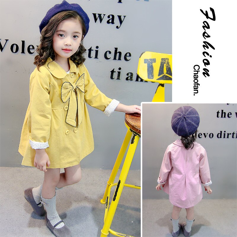 Children's Spring Autumn Kids Trench Coat With Bow Baby Girl Long Sleeve Double-Breasted Coat Girls Outerwear 2 3 4 5 6 Year Old