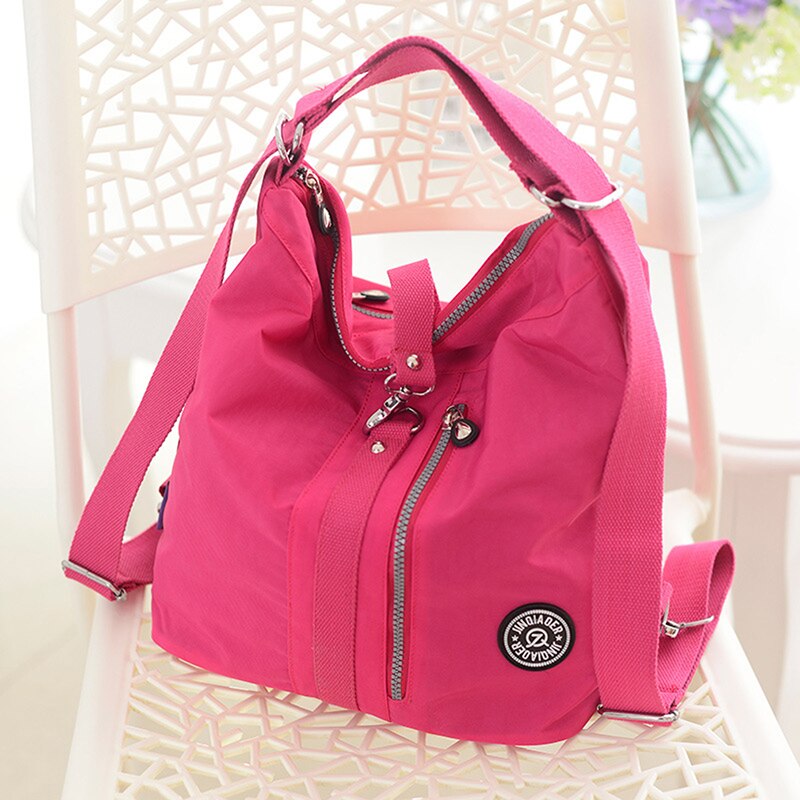 3 In 1 Women Bags Multifunction Backpack Shoulder Bag Nylon Cloth Tote Reusable Shopping Bag Ladys Travel Bag Crossbody Bag: rose red