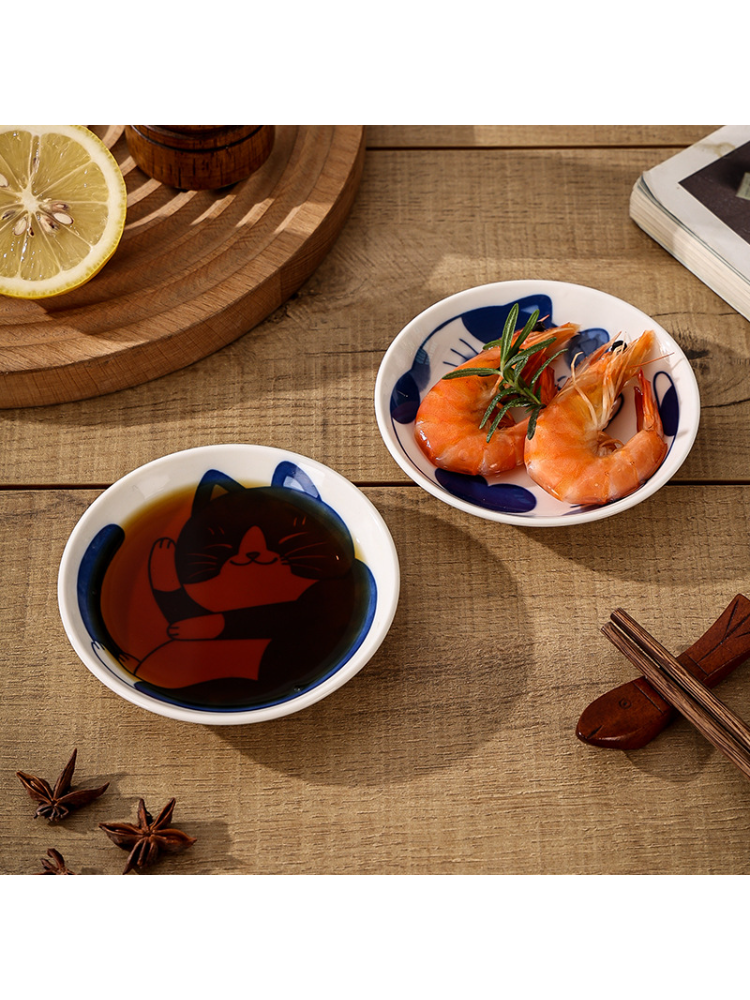 Plato de salsa de postre de cerámica de estilo japonés, vajilla creativa con bonito dibujo de gato de la suerte, platos de Sushi de fruta con forma de gota de agua