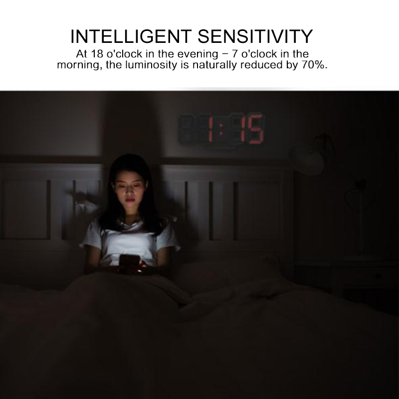 Digital 3D LED Digital Wall Clock Alarm Clocks Snooze Clock Calendar Thermometer Brightness Adjustable Office Home Decor Clock