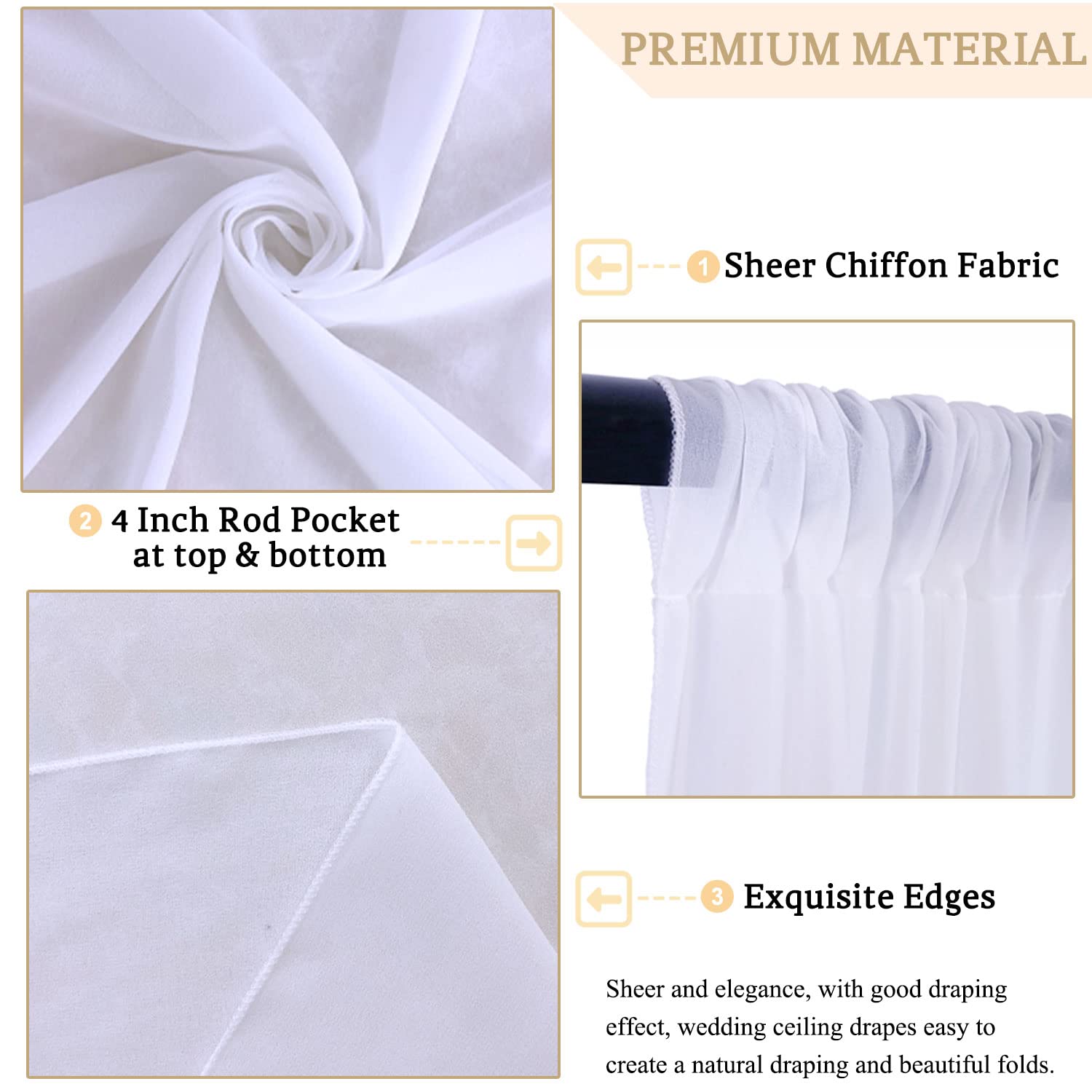 Draperies de plafond en mousseline de soie pour arche de mariage, tissu drapé, draperie blanche, décorations de plafond, scène de cérémonie de fête, Tyys