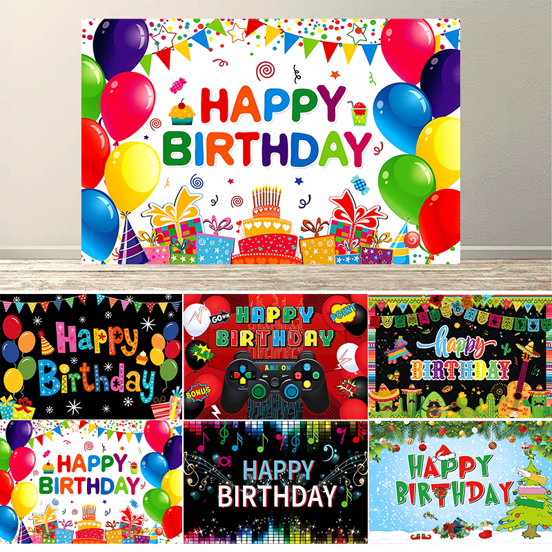 Happy Birthday Backdrop Banner Sign for Boys Girls Colorful Birthday Party Balloon Wall Posters Background Cake Decor Supplies