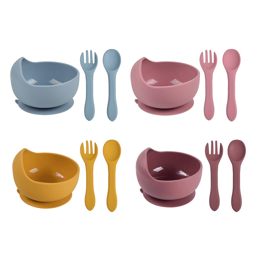 3Pcs Baby Silicone Bowl Spoon Fork Set BPA Free Non-slip Children&#39;s Suction Bowl Handle Silicone Set Food Grade Tableware