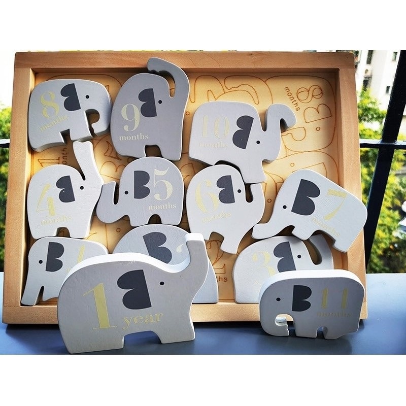 12 stücke freundlicher Holz Spielzeug Elefanten Wachsen Puzzle 3D Mathematik Stapeln Puzzle Gleichgewicht für Baby Bildung früHenne Lernen