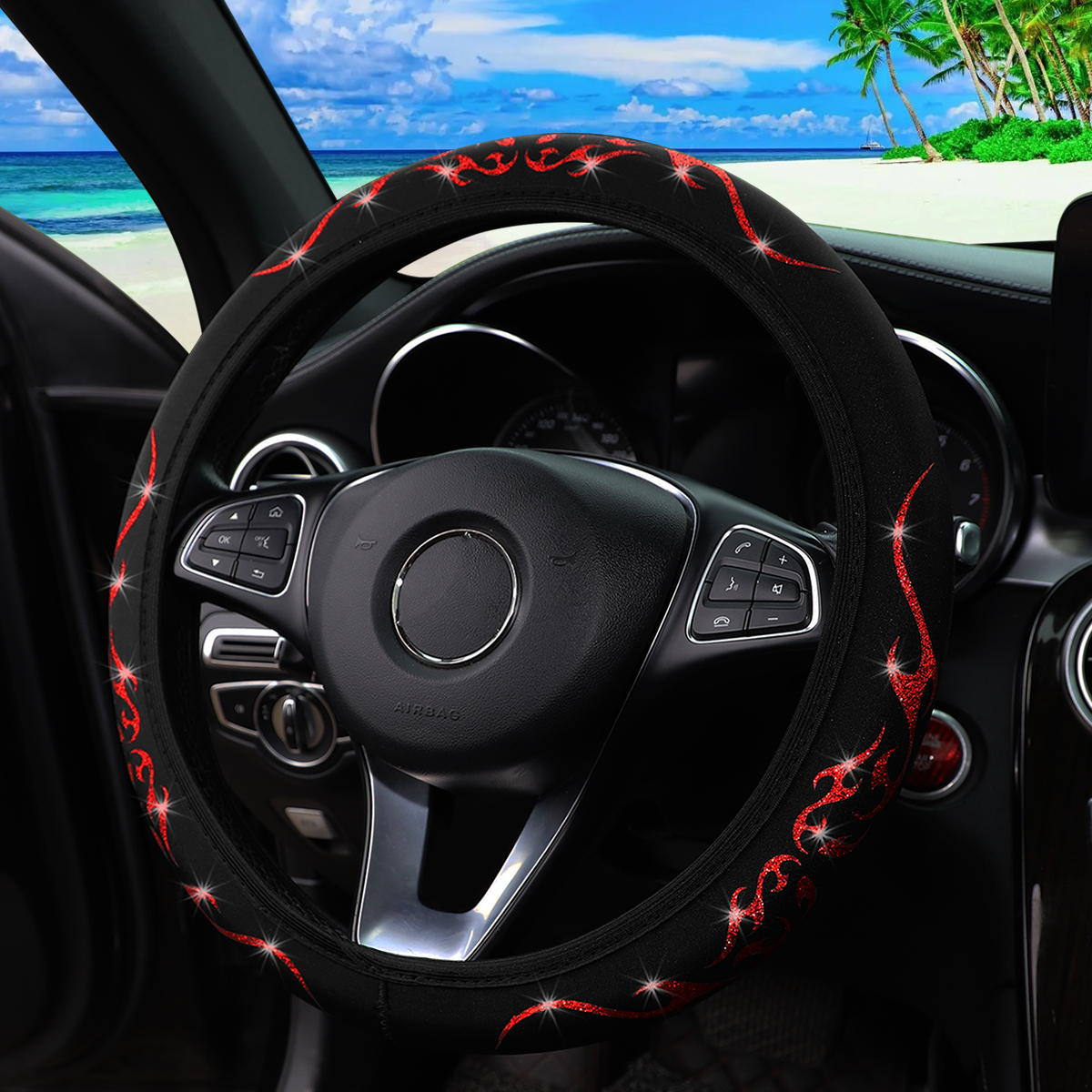A Blingbling Flame Totem dynamic fabric car without inner ring steering wheel cover fits 14.5-15 inch automotive supplies: Red