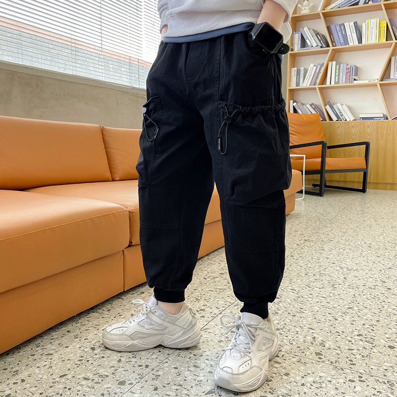 Pantalones deportivos con bolsillos grandes para niños, pantalón informal de algodón con cintura elástica, 5, 6, 7, 8, 9, 10, 11, 12, 13, 14 años, Primavera: Negro / 7