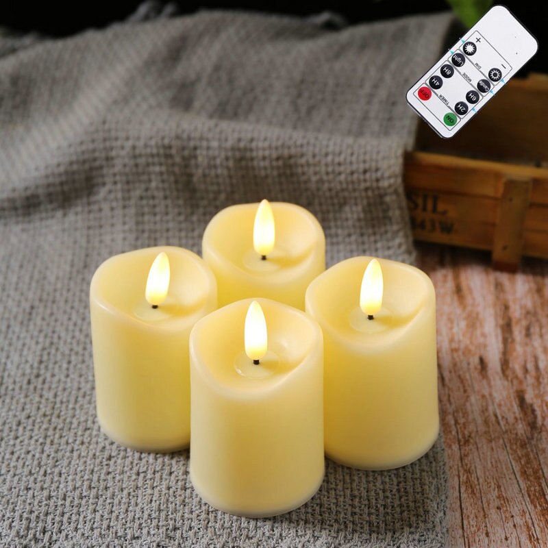 Pack of 4 Remote controlled LED Candle Flickering 3D Flame Plastic Pillar Candles lamp Church Home Bar Decor Dia.5CM-Warm White