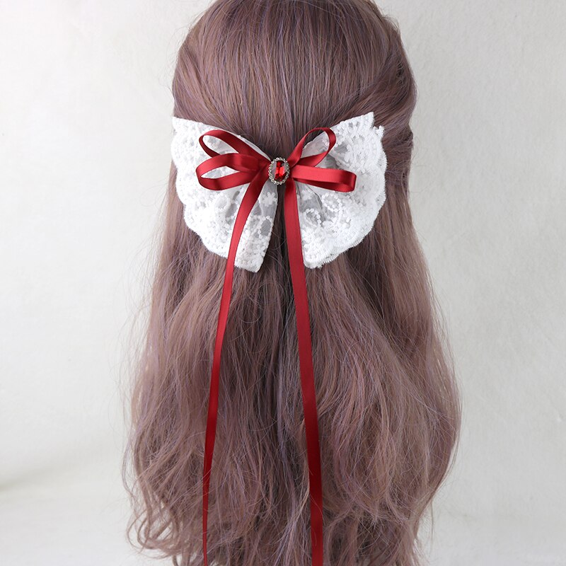 Japanse Lolita Meisje Lange Streamer Haarspeld Prinses Clip Handgemaakte Strik Kant Haar Accessoires Vrouwen Paardestaart Clip: Wind Red