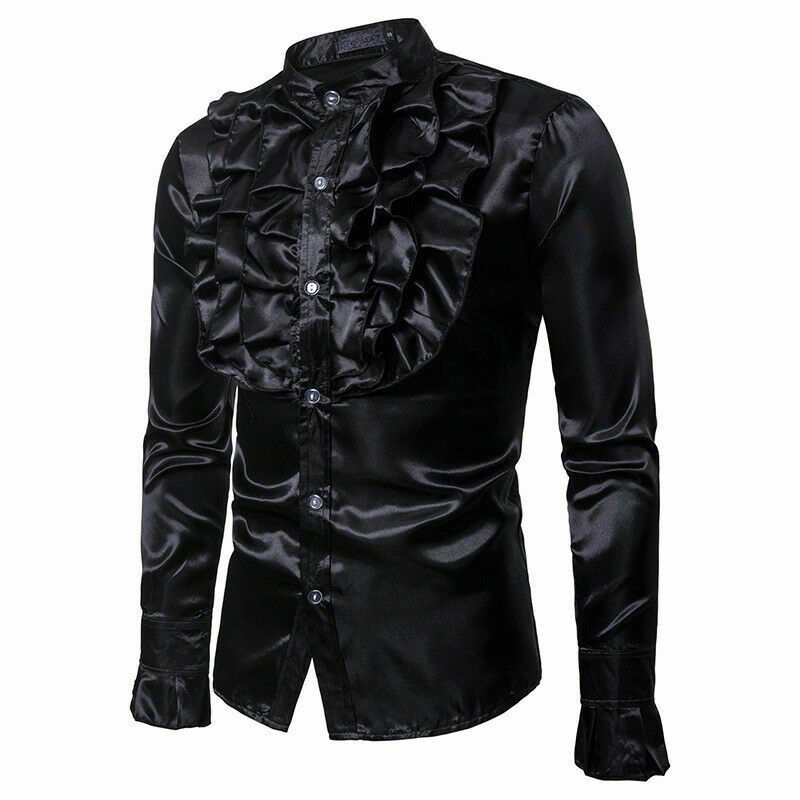 Stilfuld luksus silke skjorte herre satin glat solid smoking skjorte slim fit skinnende guld bryllup tøj skjorter: Sort / M