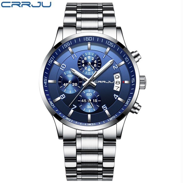 CRRJU cronógrafo relojes duraderos hombres Casual negocios impermeable oro negro Acero completo cuarzo reloj Relogio Masculino 2214: silver blue