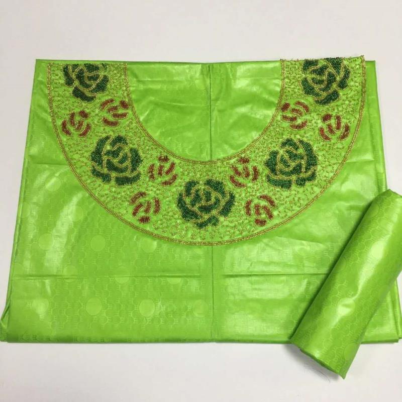 Tela africana bazin riche de para top y falda, , tejido de brocado de lavabo, telas de costura de piedras para escote, 3 + 2Y,: Verde claro