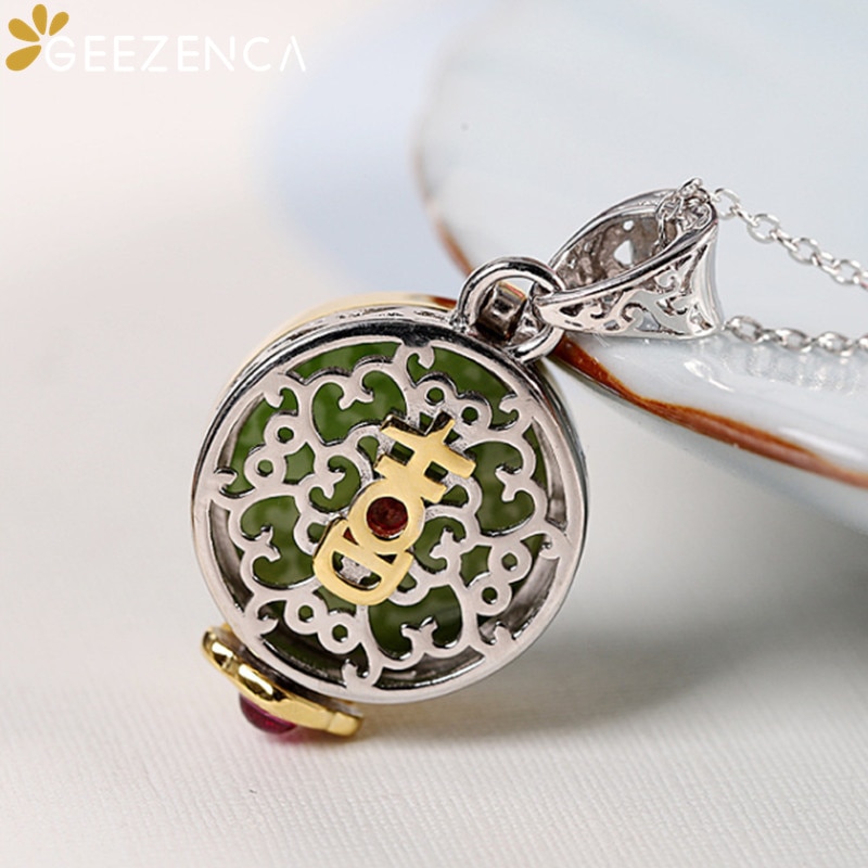 GEEZENCA S925 Silber- Jade Jasper Medaillon Ring Anhänger Jahrgang Luxus Openable Glücklich Ringe Anhänger Schmuck setzt ohne Kette