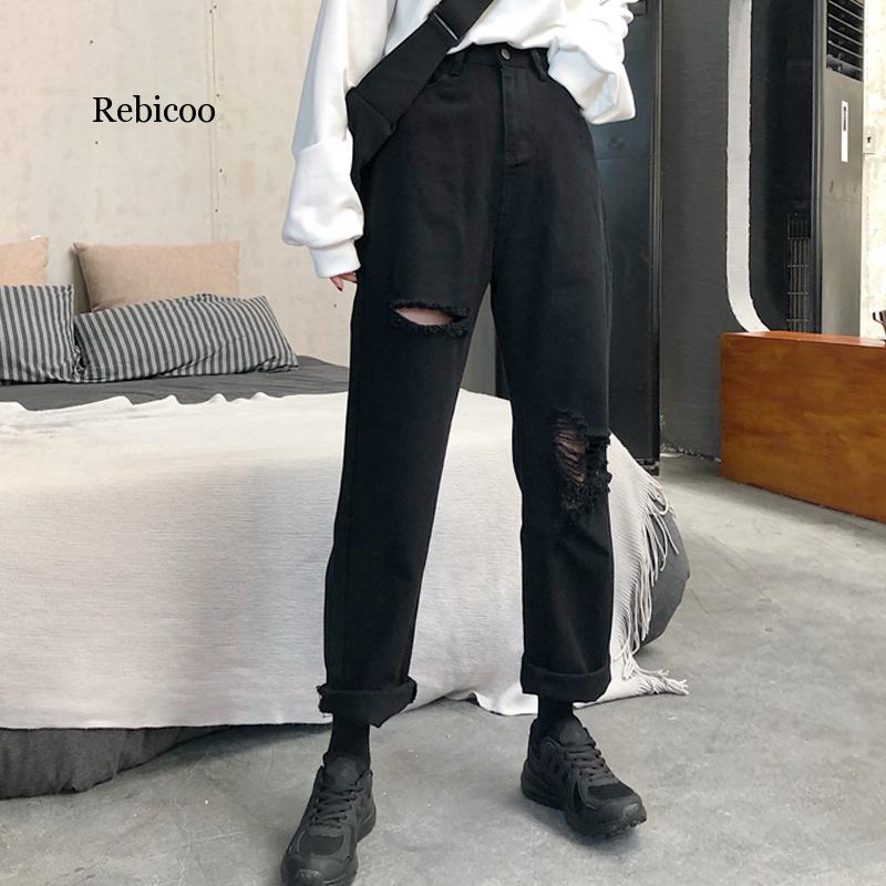 Vintage losse jeans, zwarte rechte wijde pijpen, hoge taille, gescheurde jeans voor vrouwen, knielange gescheurde broeken, mom jeans, vriendjes