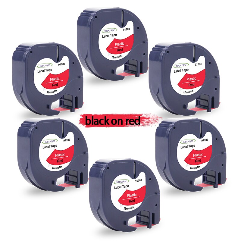 Topcolor-cintas de etiquetas para impresora dymo 91202, pegatinas de plástico, negro sobre amarillo, 12mm, para LetraTag Plus, LT-100T, LT-110H, 2000, XM, 6PK: Black on Red