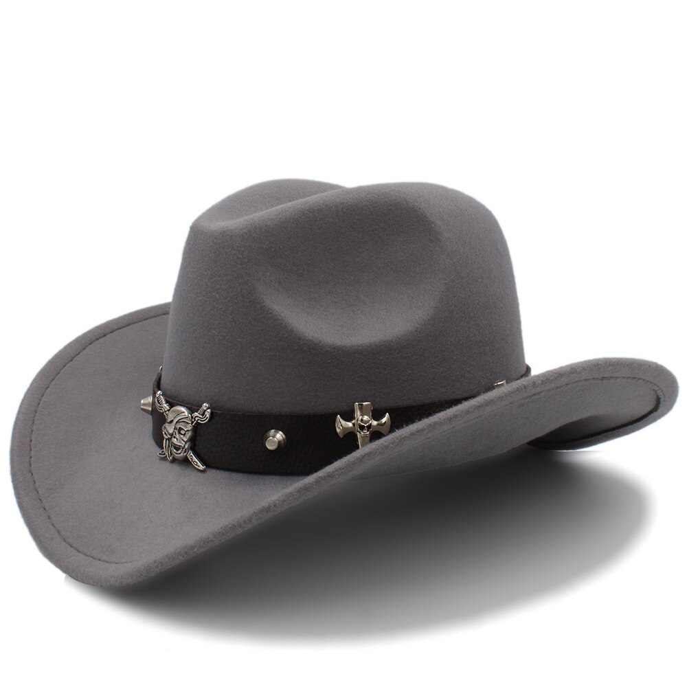 Kvinder mænd uld hule vestlige cowboy hat pirat læder bælte herre far jazz ridning sombrero hombre cap størrelse 56-58cm: Grå