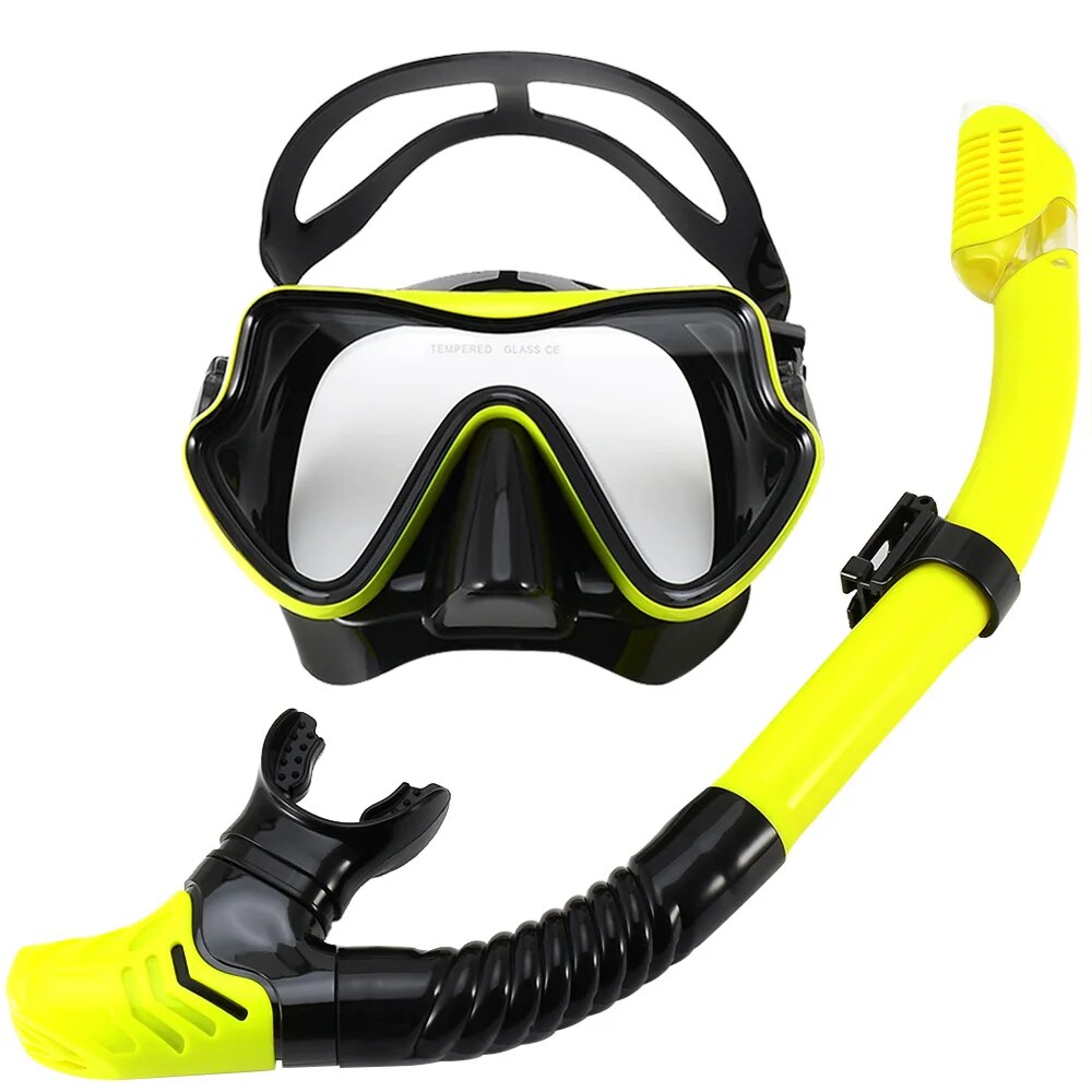 Tauchmaske Schnorchelset für Erwachsene, gehärtetes Glas, professionelle Panorama-Schnorchelausrügestochen, Schwimmtraining, Schnorchelset: Gelb
