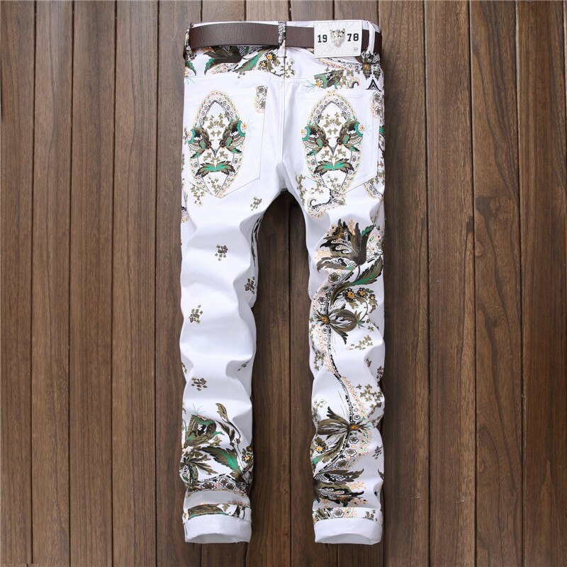 Sokotoo herre blomsterfarvede 3d printede jeans hvide slim skinny stretch denimbukser
