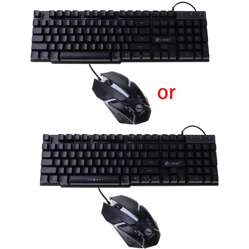 1 sett led lys bakgrunnsbelysning mekanisk følelse gaming tastatur og kablet mus combo sett led lys for datamaskin pc: Svart