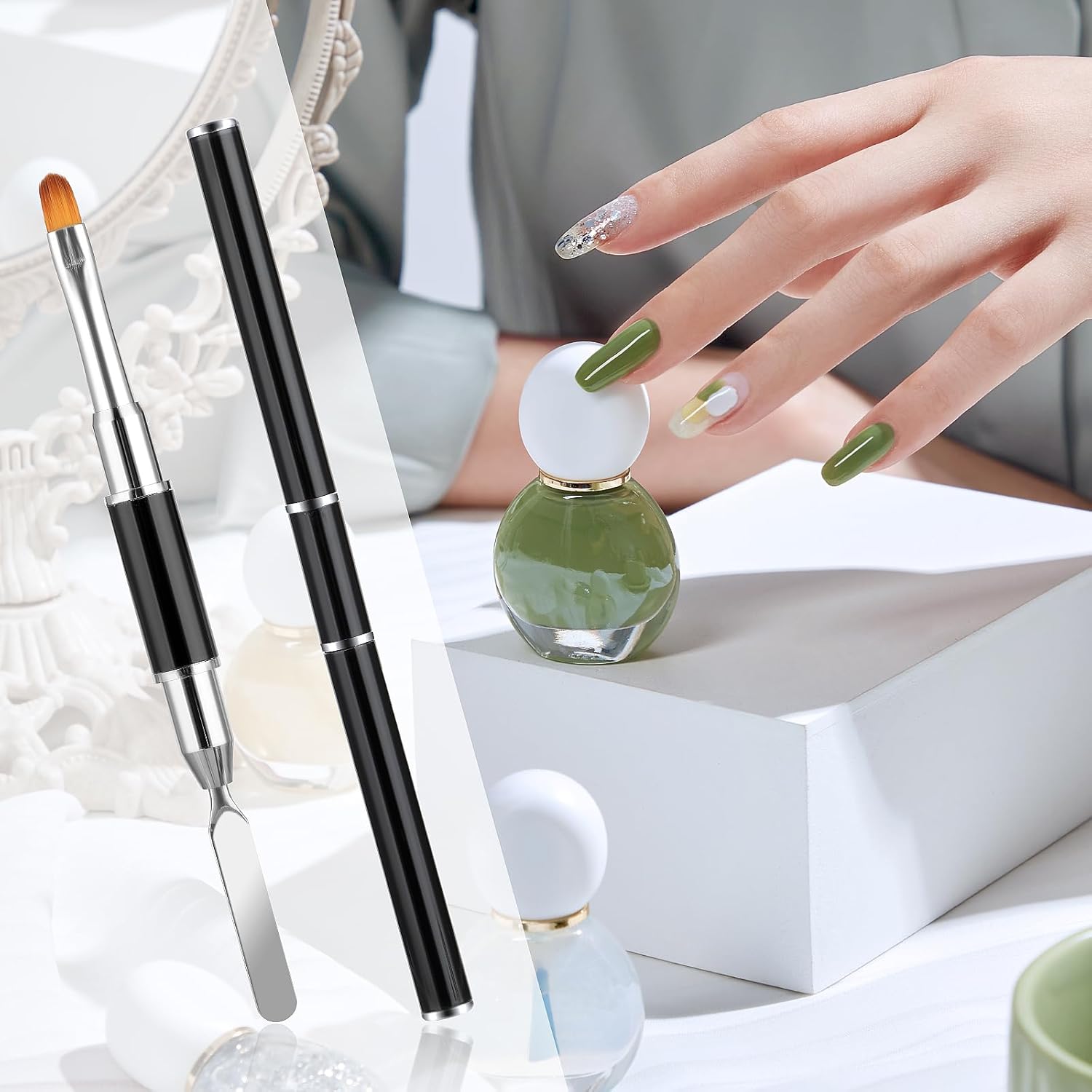 Cepillo y recogedor de gel, cepillo y espátula de 2 en 1, herramienta de cepillo de uñas de gel para gel de extensión de uñas acrílicas